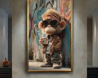 Cool Monkey Drinking Coffee Canvas Wall Art, Funny Urban Style Animal Print, Hipster Street Art Decor for Modern Interiors
