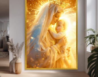 Golden Virgin Mary and Baby Jesus Wall Art with Radiant Crown and Light, Sacred Catholic Christian Spiritual Home Decor