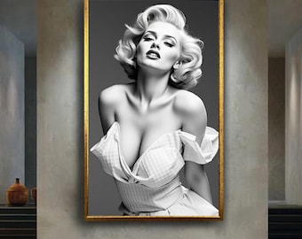 Vintage Hollywood woman canvas wall art print, glamorous retro black and white portrait, classic feminine decor for salon or dressing room