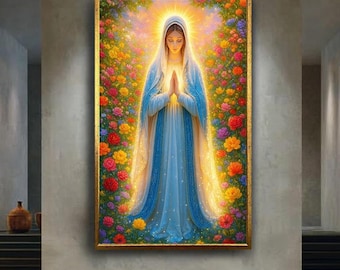 Virgin Mary Praying Canvas Wall Art, Sacred Catholic Religious Print with Flowers, Blessed Mother Spiritual Christian Home Decor