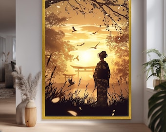Japanese Sunset Canvas Print With Geisha Silhouette And Torii Gates Serene Wall Art For Zen Inspired Asian Style Home Decor
