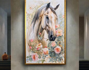 Elegant Horse with Roses Wall Art Print Romantic Floral Equestrian Artwork Watercolor Style Animal Print Home Decor