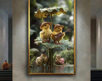 Cute Ducklings Wall Art Print, Whimsical Spring Animal Canvas Art, Baby Chicks Playing Music, Fantasy Nature Nursery Decor
