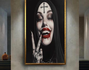 Gothic Horror Nun Portrait Wall Art – Dark Aesthetic Woman with Cross, Blood and Tattoos – Creepy Alternative Canvas for Occult Home Decor