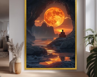 Mystic Meditation Moon Canvas Wall Art – Spiritual Cave Scene with Giant Orange Moon and Tranquil Zen Landscape for Home Decor