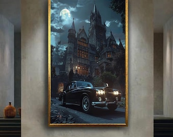 Luxury Gothic Mansion Canvas Wall Art Print, Haunted Castle at Night with Classic Car and Full Moon, Dark Fantasy Vintage Decor