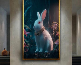 Luxury White Rabbit with Gold Chain in Enchanted Forest Fantasy Art Print, Whimsical Animal Wall Decor for Nursery or Living Room