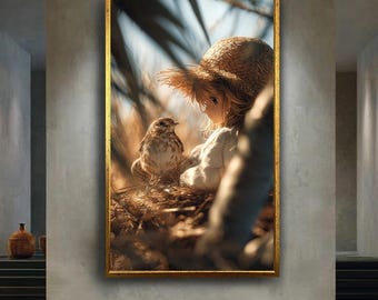 Anime Girl with Bird Wall Art Print, Nature Inspired Canvas Art, Soft Pastel Cozy Illustration, Cottagecore Aesthetic Decor