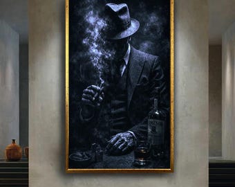 Vintage Mafia Style Canvas Wall Art, Noir Smoking Gentleman with Whiskey Print, Dark Cinematic Gangster Decor for Man Cave or Office