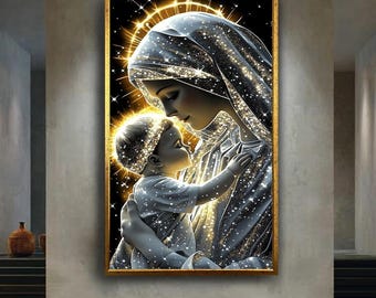 Glowing Virgin Mary and baby Jesus canvas wall art print, sparkling holy mother and child artwork for Catholic home or Christmas decor