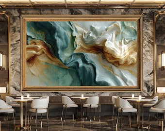 Emerald Green and Gold Abstract Wall Art Print with Fluid, Nature Inspired Modern Canvas for Luxury Home Decoration