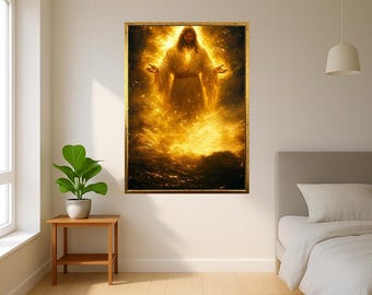 Jesus Glowing In Divine Fire Canvas Art Radiant Light Savior Poster Christian Power Wall Print For Church Prayer Room Or Faith Home Decor