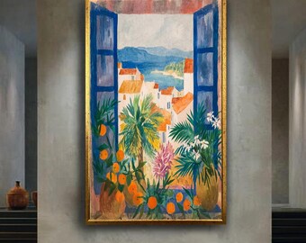 Mediterranean Window View Wall Art Colorful Coastal Village Print Tropical Sea Landscape Artwork Summer Home Decor