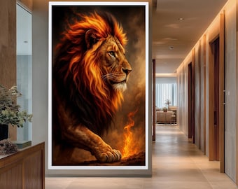Fire Mane Lion Wall Art Print, Powerful Fantasy Animal Canvas Art, Fiery Strength Artwork for Bold and Masculine Home Decor