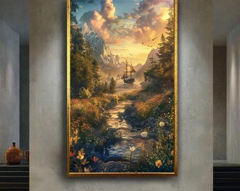 Fantasy Landscape Canvas Wall Art with River and Sailing Ship, Mountain Nature Print for Living Room, Sunset Forest Canvas Art