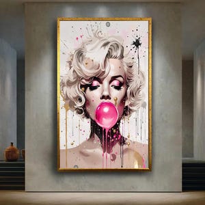 Pop art Marilyn style canvas wall art print, retro glam woman blowing bubblegum, bold modern artwork for salon, studio or chic interiors