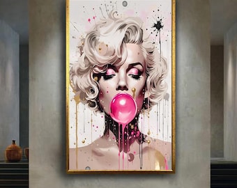 Pop art Marilyn style canvas wall art print, retro glam woman blowing bubblegum, bold modern artwork for salon, studio or chic interiors