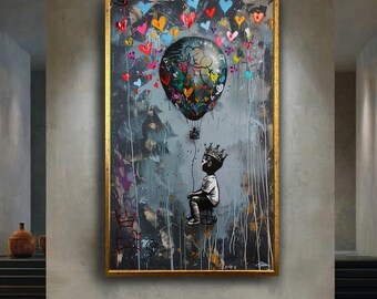 Banksy Balloon Canvas, Banksy Art | Colorful Heart Balloon Urban Wall Art | Inspirational Modern Banksy Style Canvas for Home Decor
