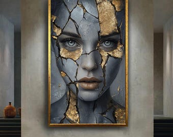 Cracked Gold Face Portrait Wall Art | Kintsugi Inspired Surreal Woman Canvas | Emotional Broken Beauty Modern Home Decor