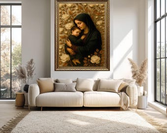 Holy Mother and Child Canvas Wall Art, Sacred Madonna with Roses Print, Christian Religious Artwork for Prayer Room or Home Decor