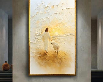 Jesus the Good Shepherd Canvas Wall Art, Christian Religious Artwork with Sheep and Golden Light, Sacred Spiritual Home Decor Print