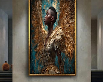 Golden Angel Goddess Canvas Art – Regal Female Portrait with Majestic Wings – Divine Feminine Gold Wall Print for Luxe Home Decor
