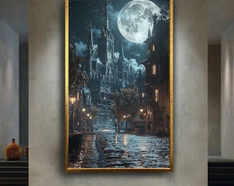Gothic Moonlit City Canvas Wall Art – Medieval Fantasy Street Scene Under Full Moon, Enchanted Night Architecture Print for Home Decor