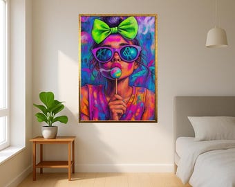 Neon Girl With Lollipop Wall Art Print - Colorful Pop Art Portrait Poster - Vibrant Street Style Canvas - Funky Urban Room Decor