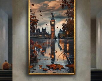 Rainy London Big Ben Wall Art Autumn Leaves Cityscape Canvas Print Westminster Clock Tower Poster for Urban Home Decor or Gift