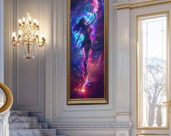Powerful Sorceress Wall Art Magic Fantasy Woman Canvas Art Neon Fire Glow Spell Caster Warrior Decor Print