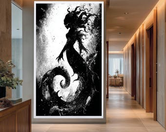 Dark Mermaid Ink Art Print, Gothic Fantasy Black and White Poster, Mystical Sea Creature Silhouette, Monochrome Ocean Wall Decor