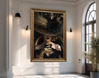 Elegant Black and Gold Glamour Woman Canvas Wall Art with Feather Hat and Teacup, Baroque Fashion Portrait Print for Luxury Decor