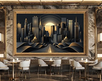 Golden City Skyline Wall Art Print, Modern Urban Landscape Canvas Art, Futuristic Metropolis Artwork for Luxury Home Decor