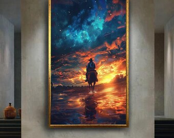 Cowboy Sunset Ride Canvas Wall Art – Western Horseback Rider with Starry Sky and Colorful Clouds in Scenic Water Reflection