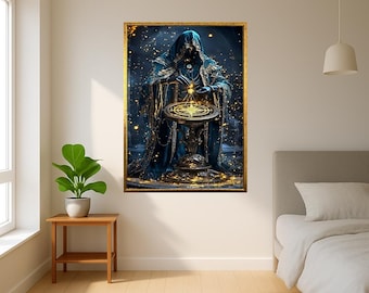 Mystic Wizard Art Print – Magical Hooded Sorcerer Casting Spell with Glowing Orb and Celestial Symbols Fantasy Wall Decor