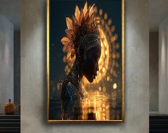 Golden Goddess Profile Canvas Wall Art – Radiant Regal Female Portrait with Crown and Light – Mystical Spiritual Print for Luxury Decor