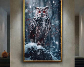 Winter Owl Canvas Art Print, Snowy Forest Fantasy Animal Poster, Red Eye Owl Wall Decor, Mystical Nature Wildlife Artwork
