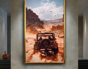 Desert Off-Road Adventure Canvas Wall Art, Jeep Driving Through Sand Dunes Print, Rugged Exploration Artwork for Adventure Inspired Decor