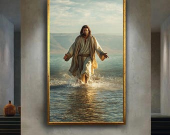 Jesus Walking on Water Canvas Wall Art, Christian Religious Artwork of Faith and Miracles, Spiritual Home Decor Gift for Believers
