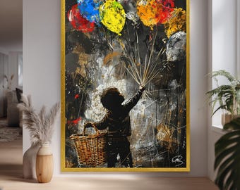 Banksy Balloon  Canvas Print Of Child Holding Colorful Balloons Expressive Urban Wall Art For Modern Graffiti Style Home Decoration