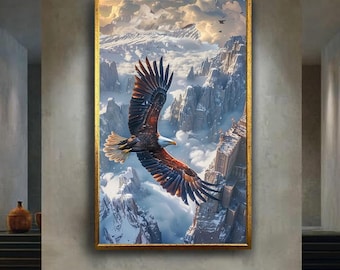 Bald Eagle Mountain Wall Art Soaring Bird Canvas Print Snowy Peaks Nature Poster for Wildlife Home Decor or Freedom Gift Idea