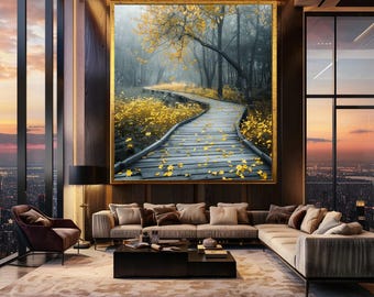 Misty Forest Path Wall Art with Yellow Flowers and Wooden Trail, Dreamy Nature Canvas Print for Zen, Mindfulness or Rustic Home Decor