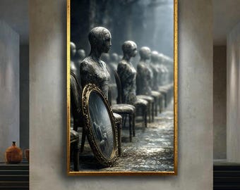 Dark Surreal Mannequin Wall Art, Gothic Empty Figures and Mirror Canvas Art, Moody Conceptual Emotional Fine Art Print
