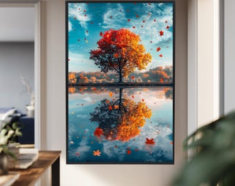 Autumn Tree Reflection Canvas Wall Art – Vibrant Fall Leaves Landscape with Lake and Sky, Seasonal Nature Artwork for Cozy Home Decor