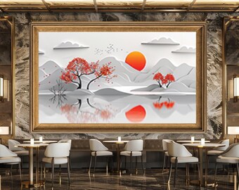 Minimal Landscape Wall Art Print, Red Tree and Sunset Canvas Art, Modern Zen Nature Artwork for Home Decor