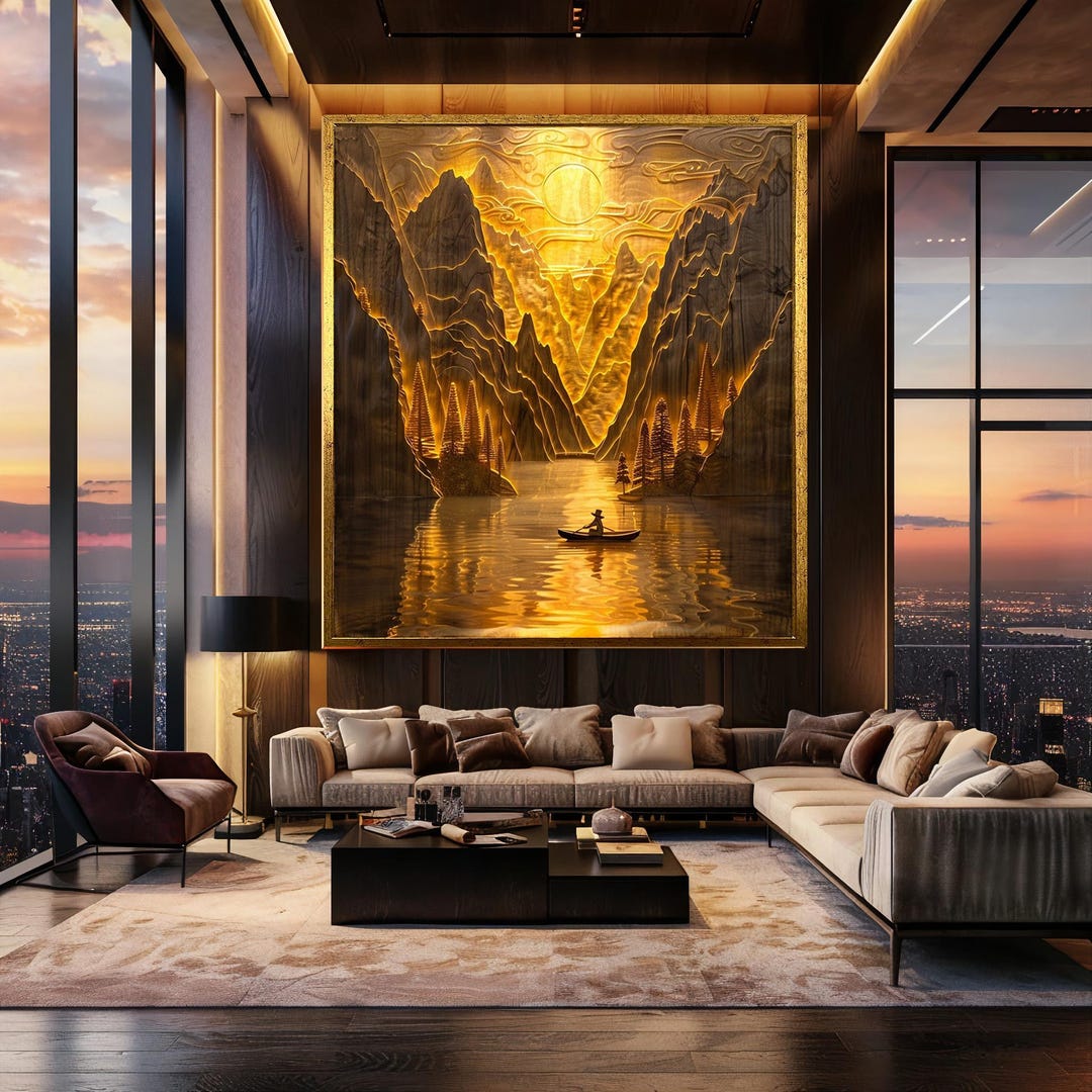Golden Landscape Canoe Canvas Wall Art – Mountain Scene With