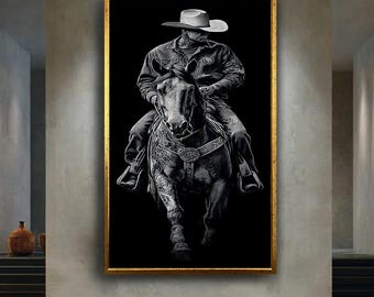 Tattooed Cowboy on Horseback Western Art Print, Monochrome Wild West Rider Poster for Rustic Americana Wall Decor Lovers