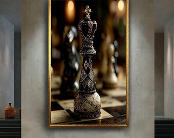 Luxury Chess King Canvas Wall Art for Office or Study Decor, Elegant Gold and Black Royal Chess Piece Print, Classic Strategy Artwork