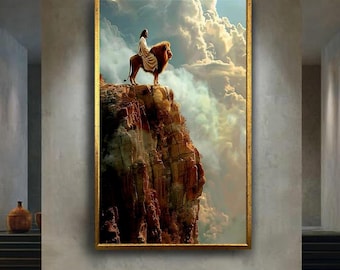 Jesus on Lion Cliff Wall Art – Spiritual Leadership and Majesty Digital Painting – Christian Strength Poster for Faithful Home Decor