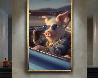 Funny Cool Pig Driving Car Wall Art Print – Hip Hop Style Animal Canvas – Retro Pop Art Poster – Quirky Modern Home Decor